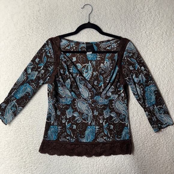 JTB Blouse Size L Surplice Y2K Boho Paisley Bohemian Hippie Peasant Lace Vintage - Picture 1 of 9
